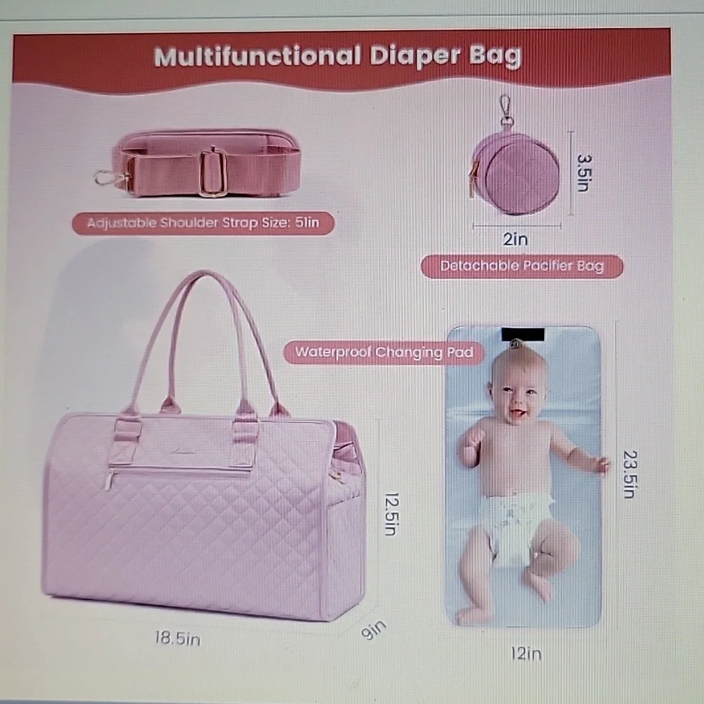 Lovevook pink rhombus diaper bag tote pacifier case change pad Weekender NEW…